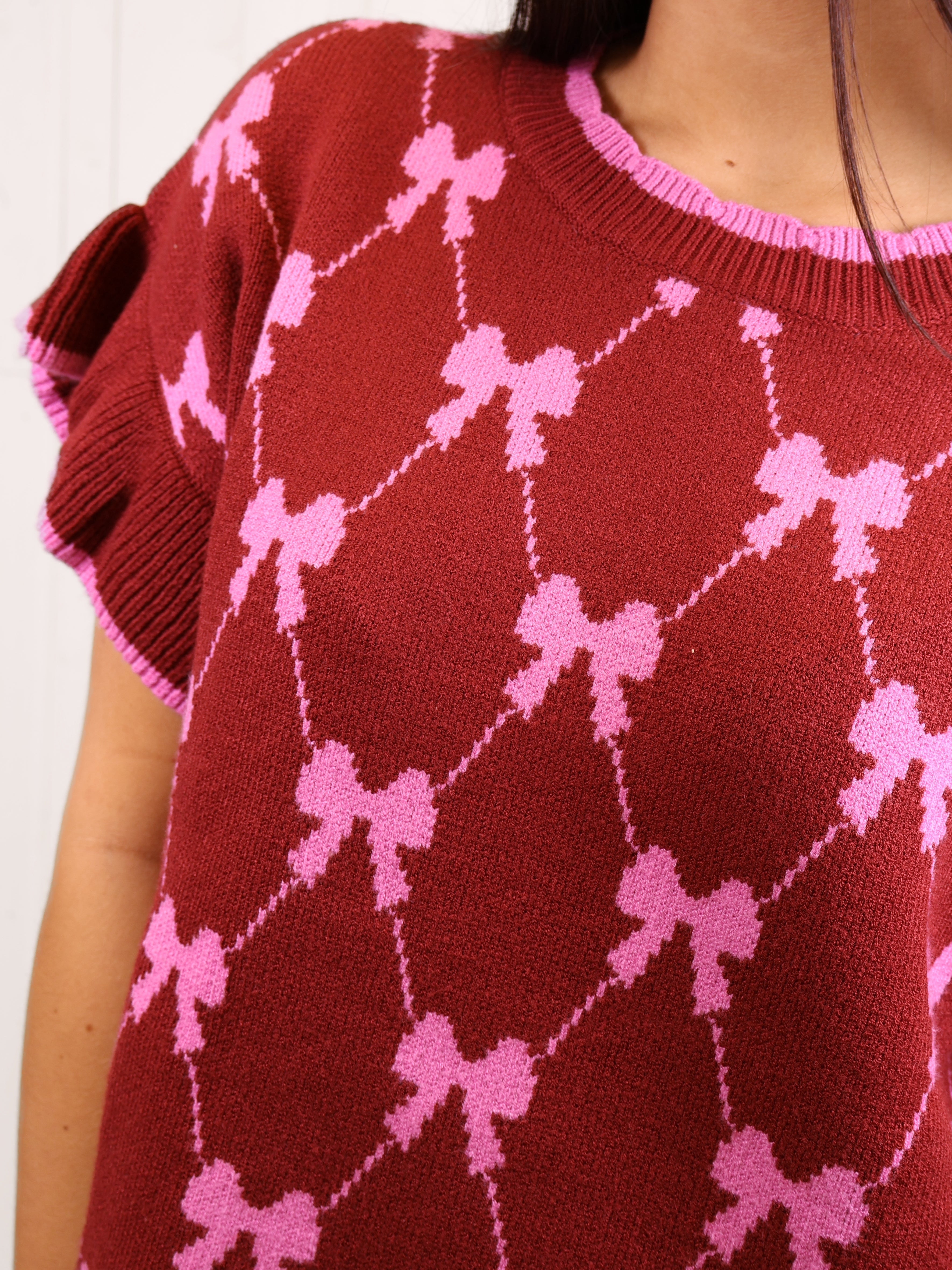 Umgee Bow Sweater with Ruffle Trim