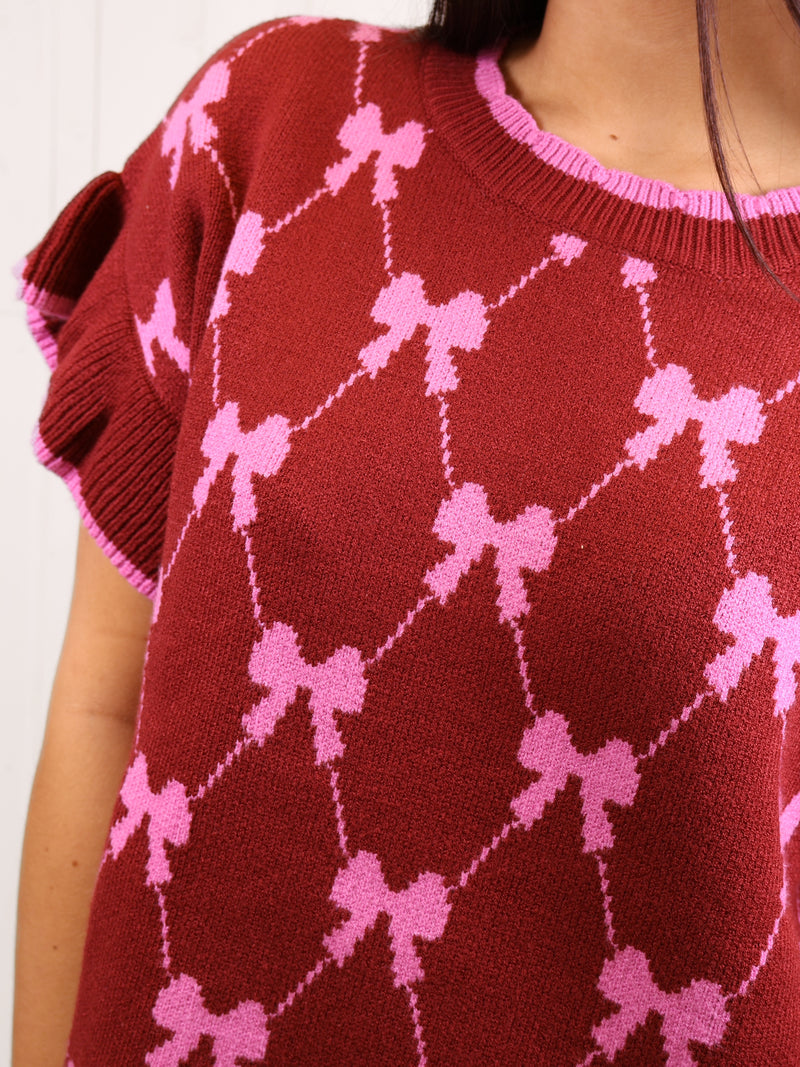Umgee Bow Sweater with Ruffle Trim