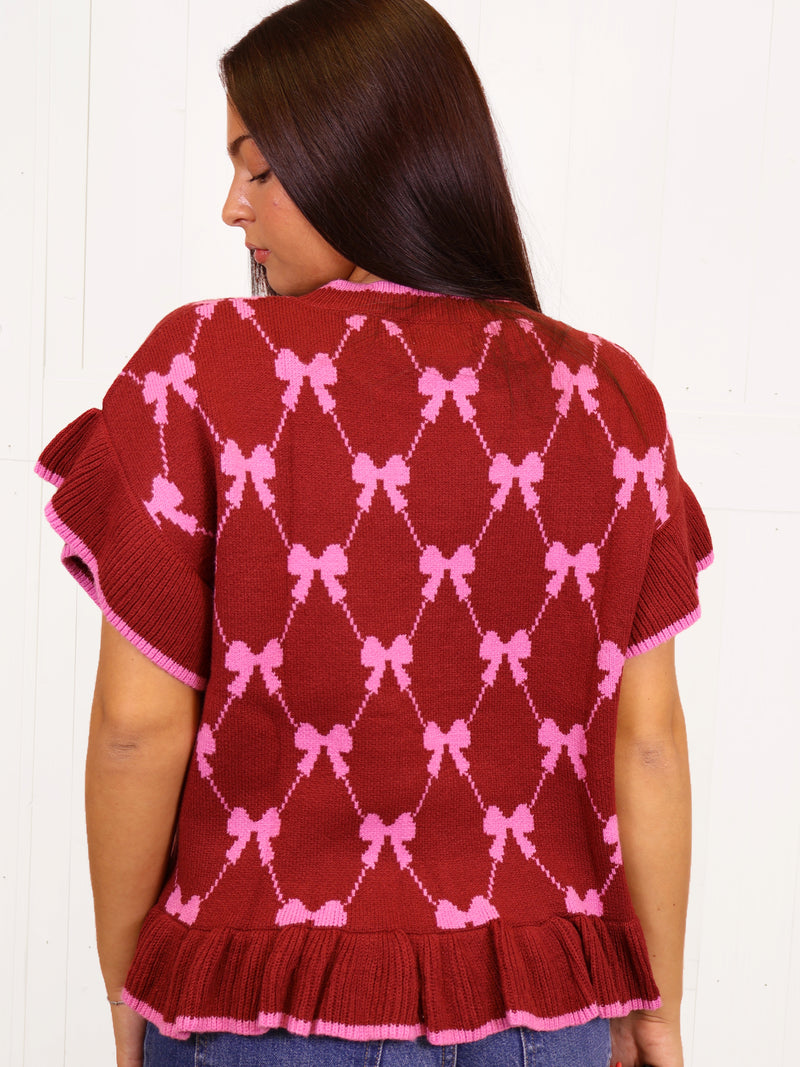 Umgee Bow Sweater with Ruffle Trim