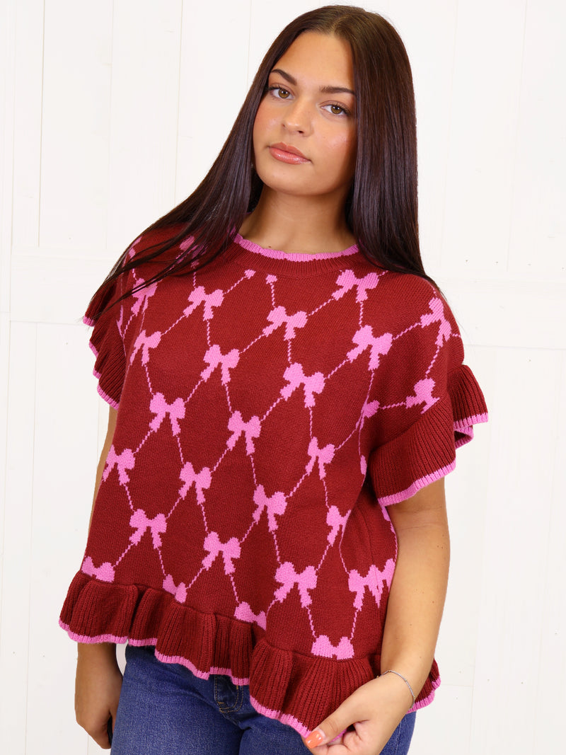 Umgee Bow Sweater with Ruffle Trim