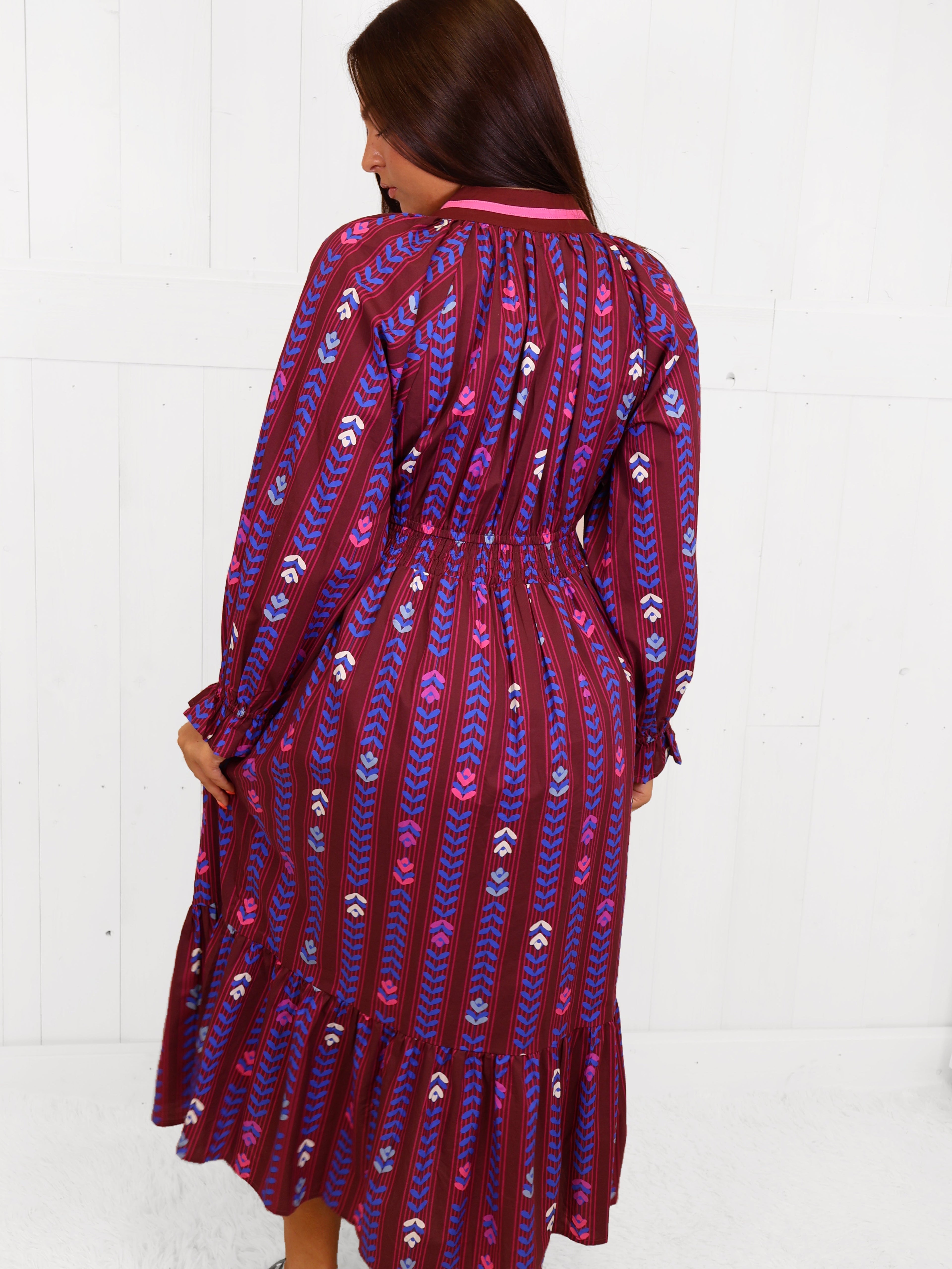 Umgee Burgundy Mixed Print Dress Women's