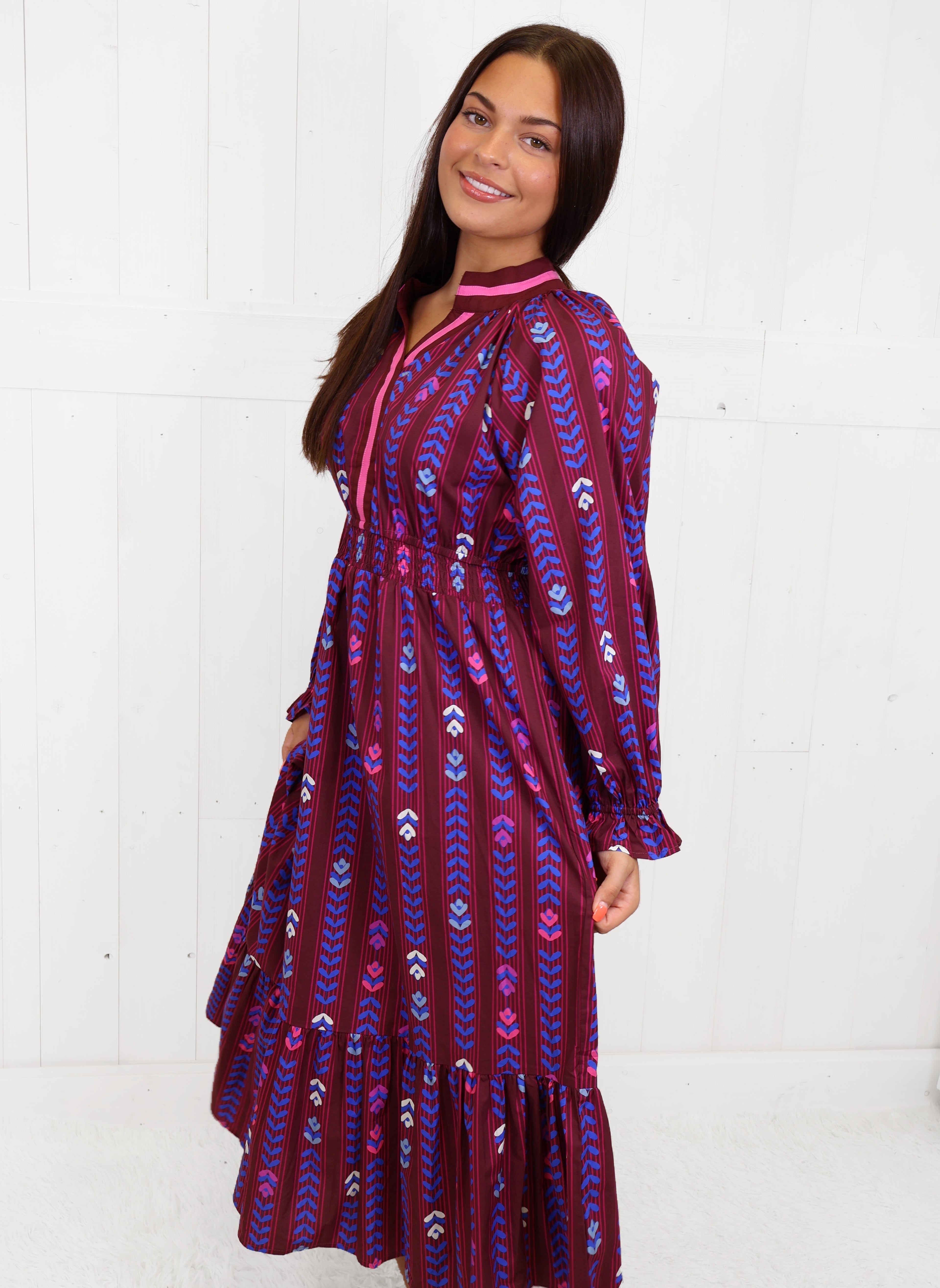 Umgee Burgundy Mixed Print Dress Women's