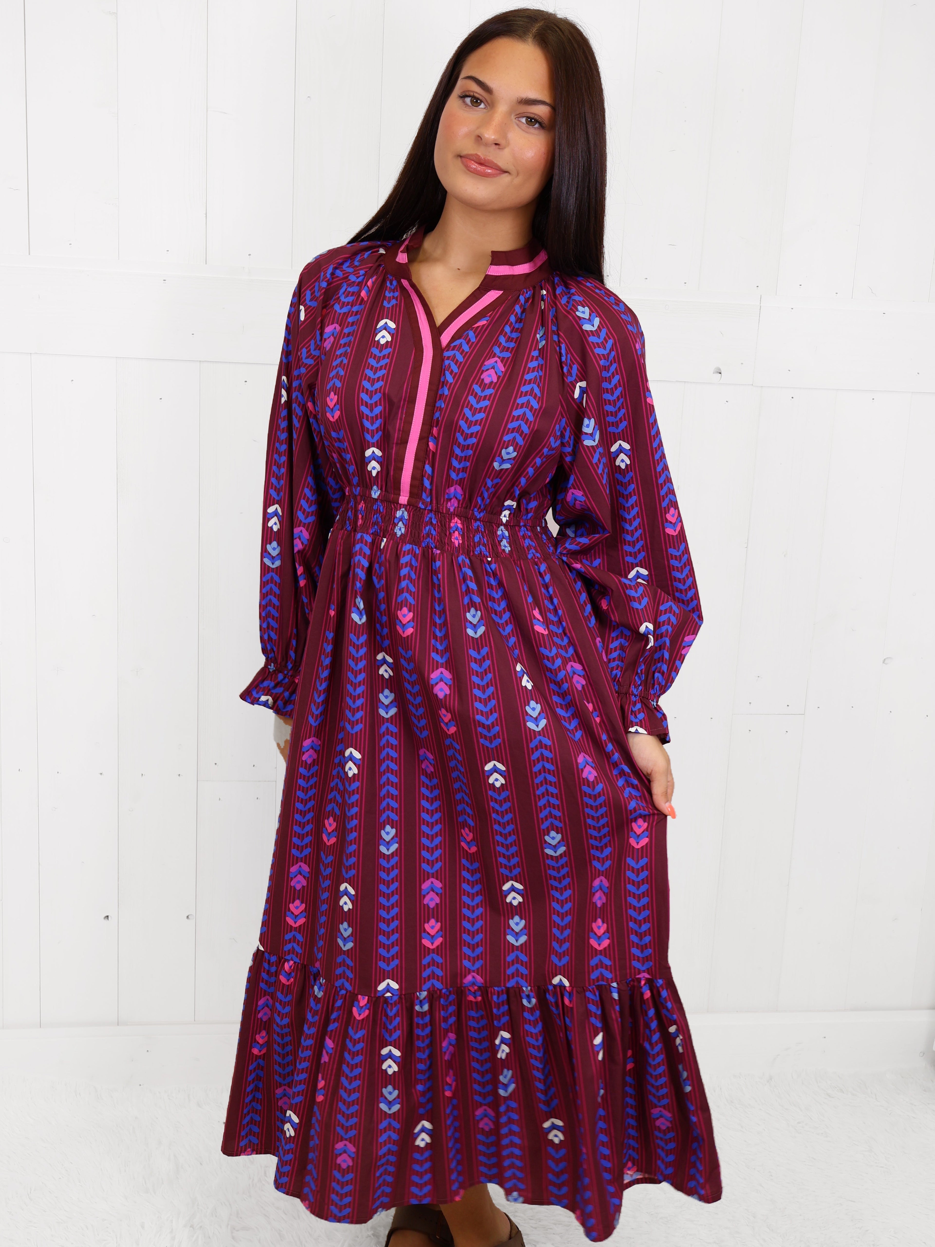Umgee Burgundy Mixed Print Dress Women's