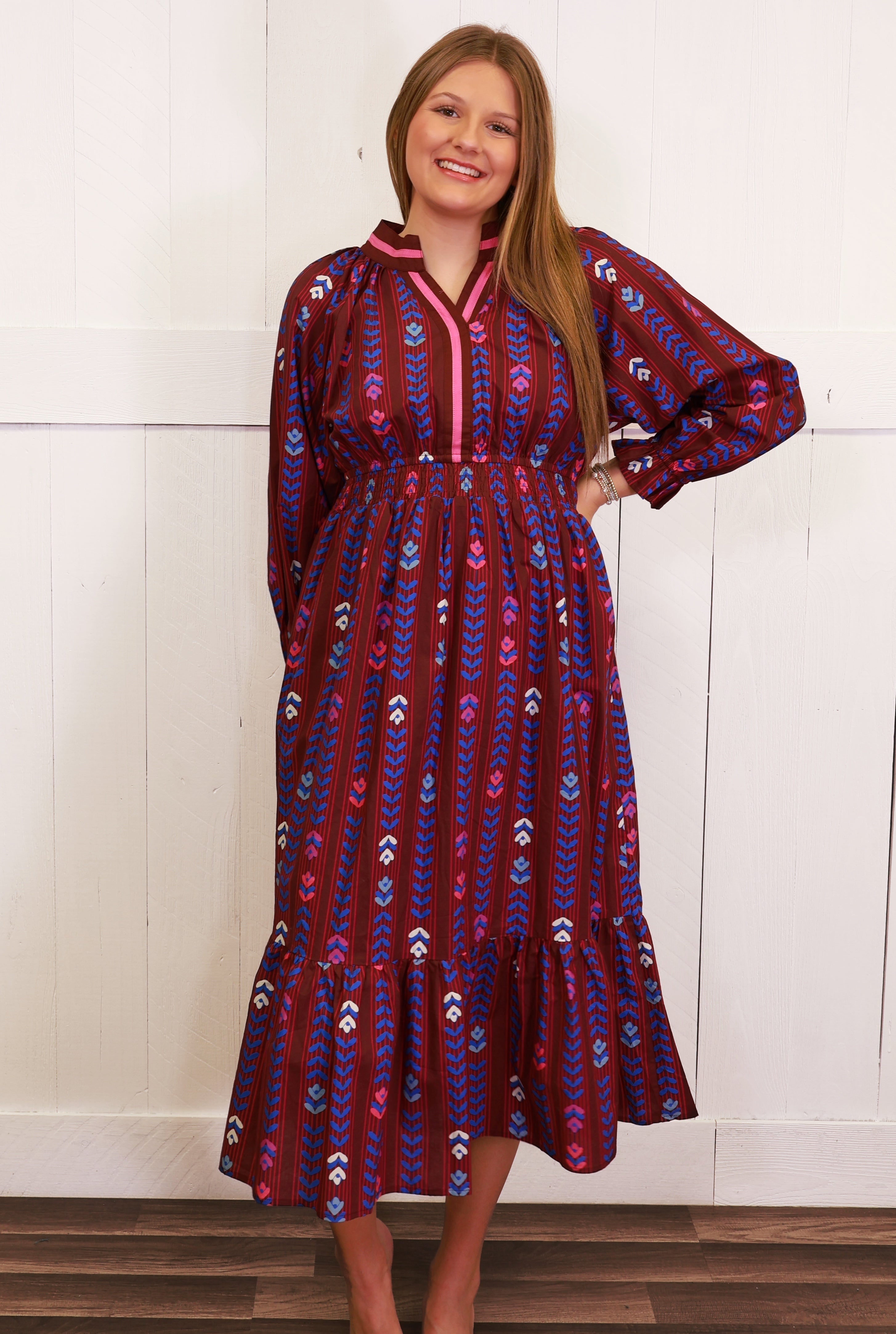 Umgee Burgundy Mixed Print Dress Women's