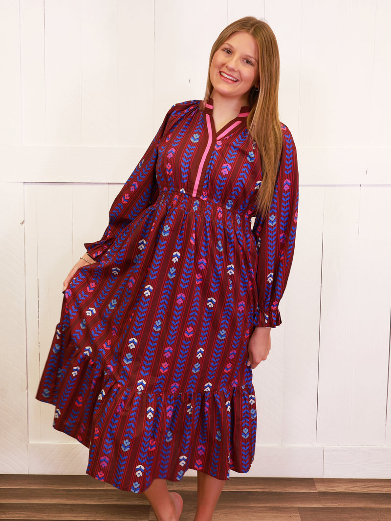 Umgee Burgundy Mixed Print Dress