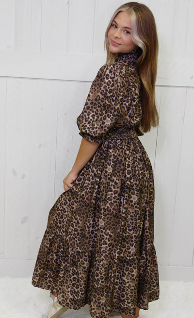 Umgee Cheetah Ruffle Neck Midi Dress