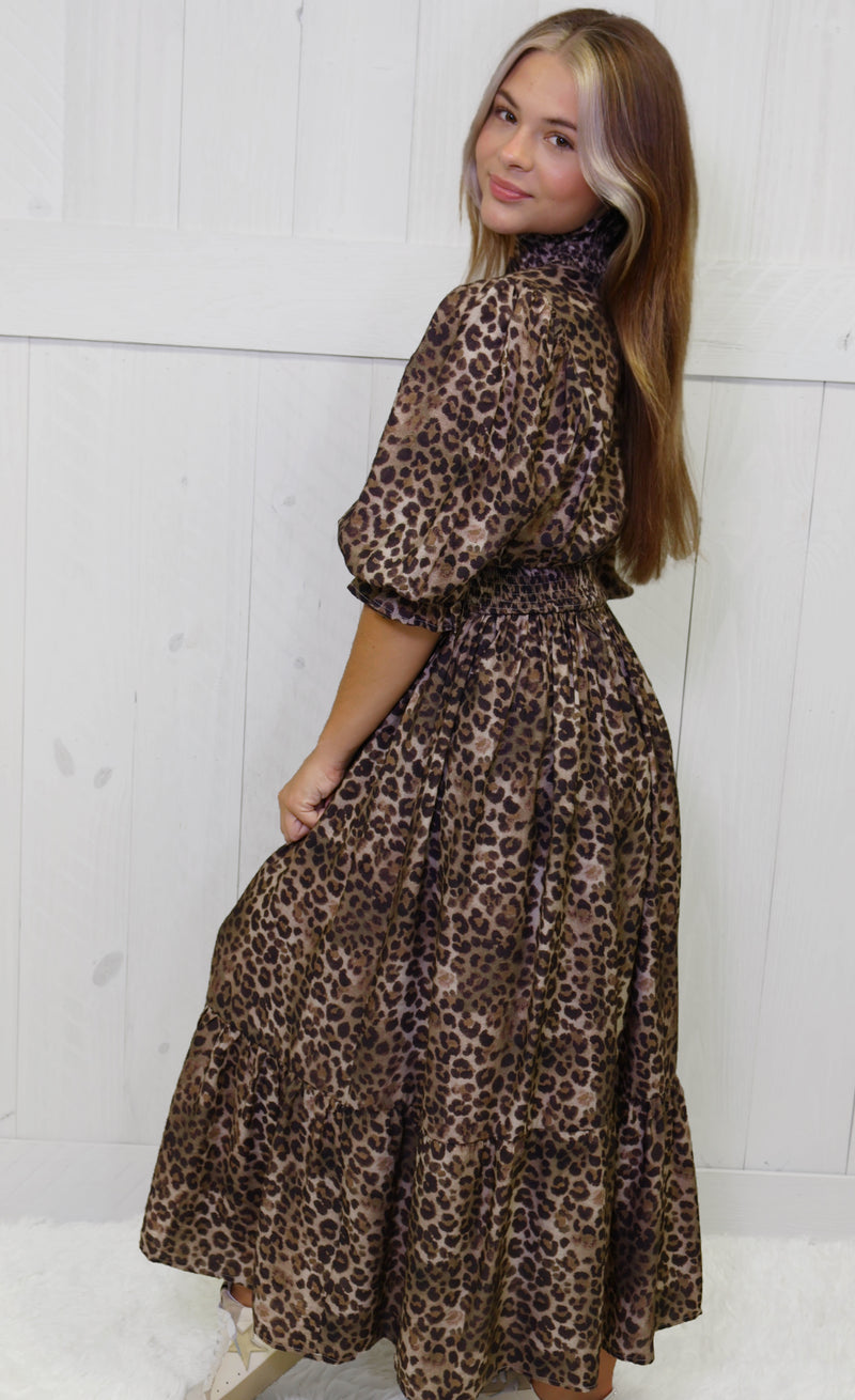 Umgee Cheetah Ruffle Neck Midi Dress