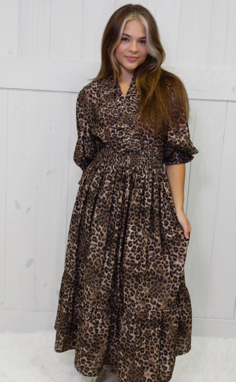 Umgee Cheetah Ruffle Neck Midi Dress