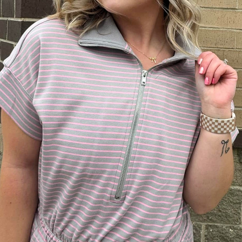 Umgee Grey and Pink Striped Draw String Romper - Mini Mee Boutique
