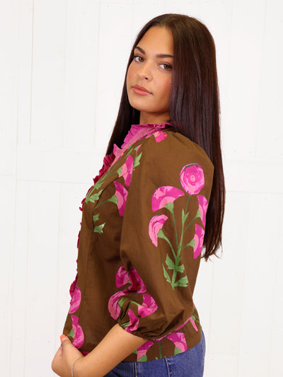 Umgee Mocha Floral Split Neck Top