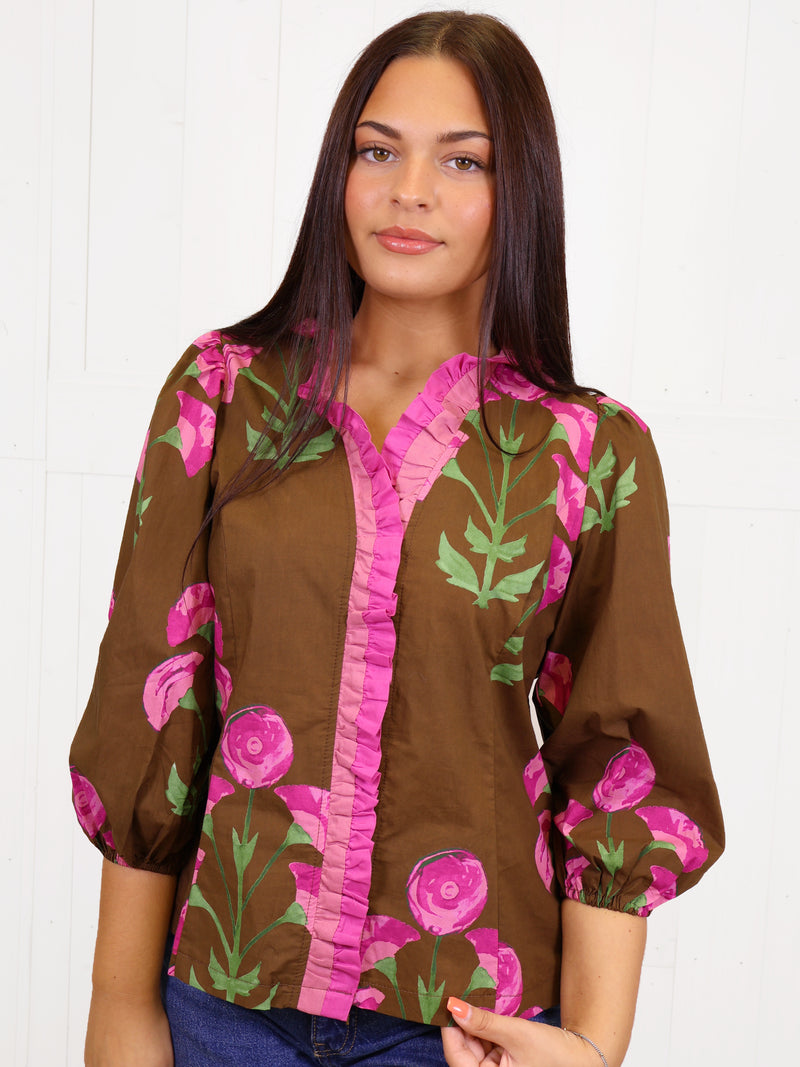 Umgee Mocha Floral Split Neck Top