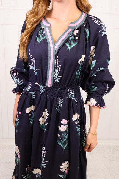 Umgee Navy Floral Split Neck Maxi Dress