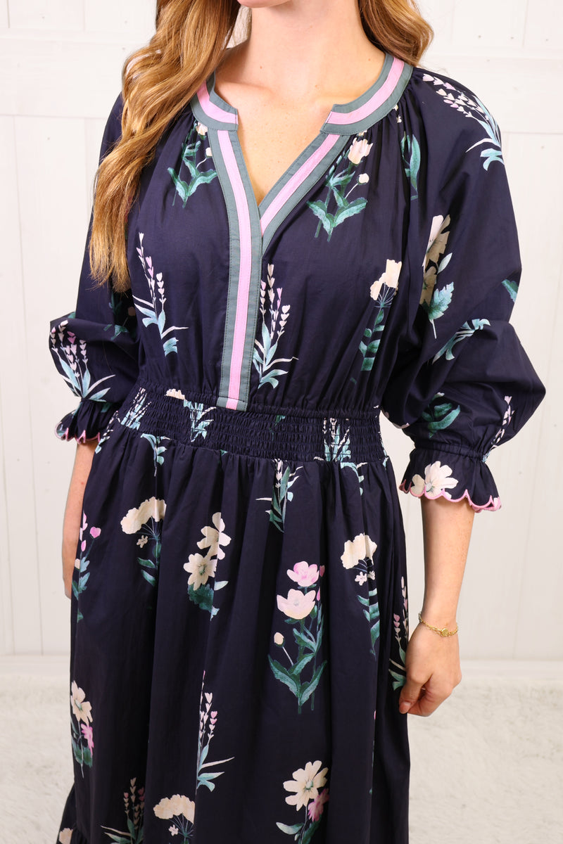Umgee Navy Floral Split Neck Maxi Dress