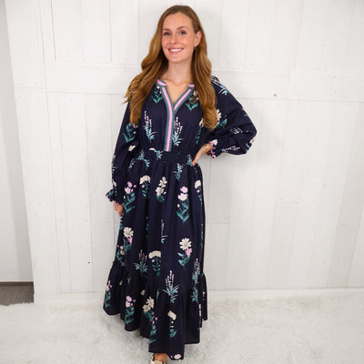 Umgee Navy Floral Split Neck Maxi Dress