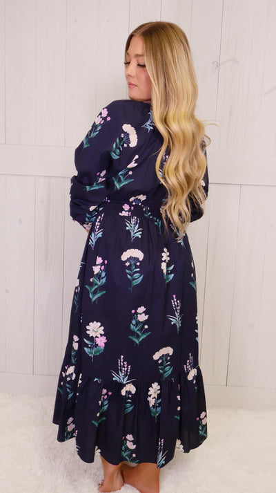 Umgee Navy Floral Split Neck Maxi Dress