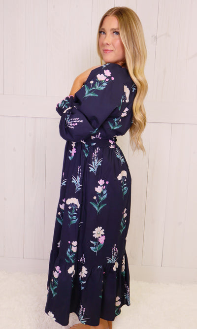 Umgee Navy Floral Split Neck Maxi Dress