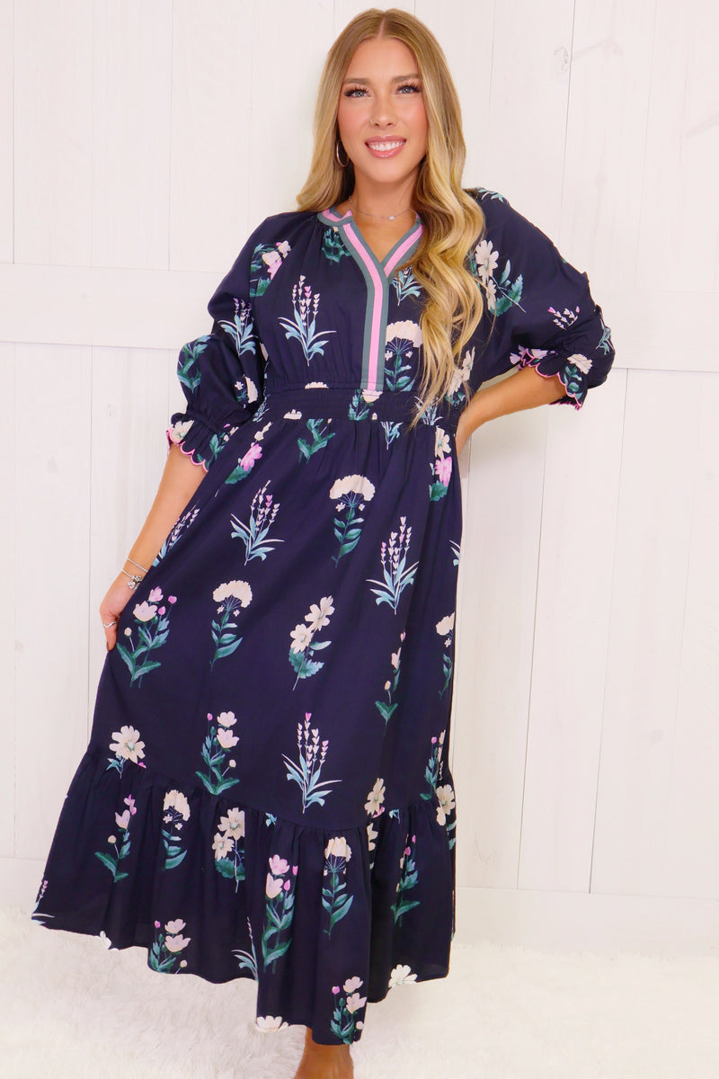 Umgee Navy Floral Split Neck Maxi Dress
