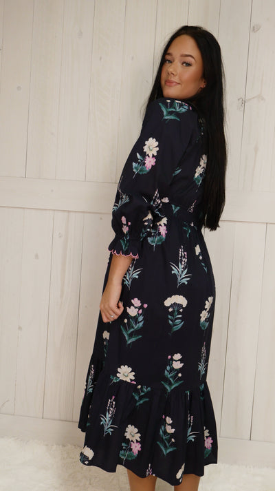 Umgee Navy Floral Split Neck Maxi Dress