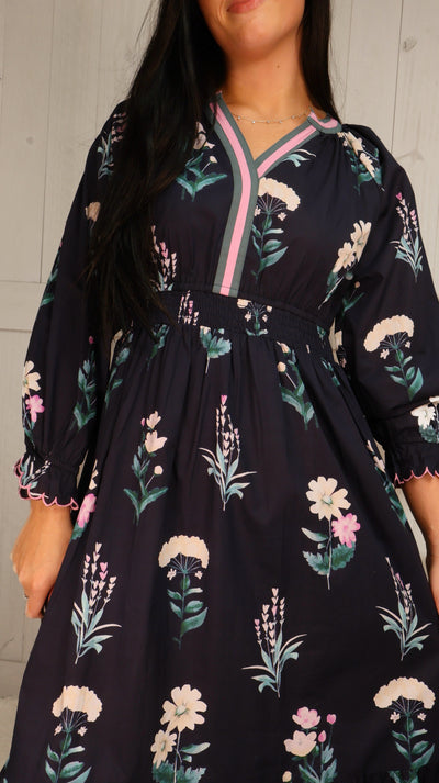 Umgee Navy Floral Split Neck Maxi Dress