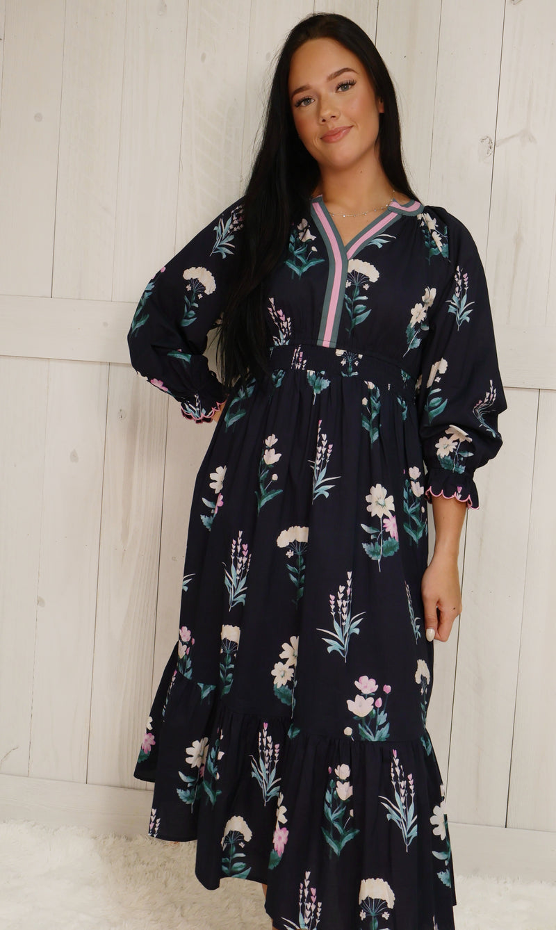 Umgee Navy Floral Split Neck Maxi Dress