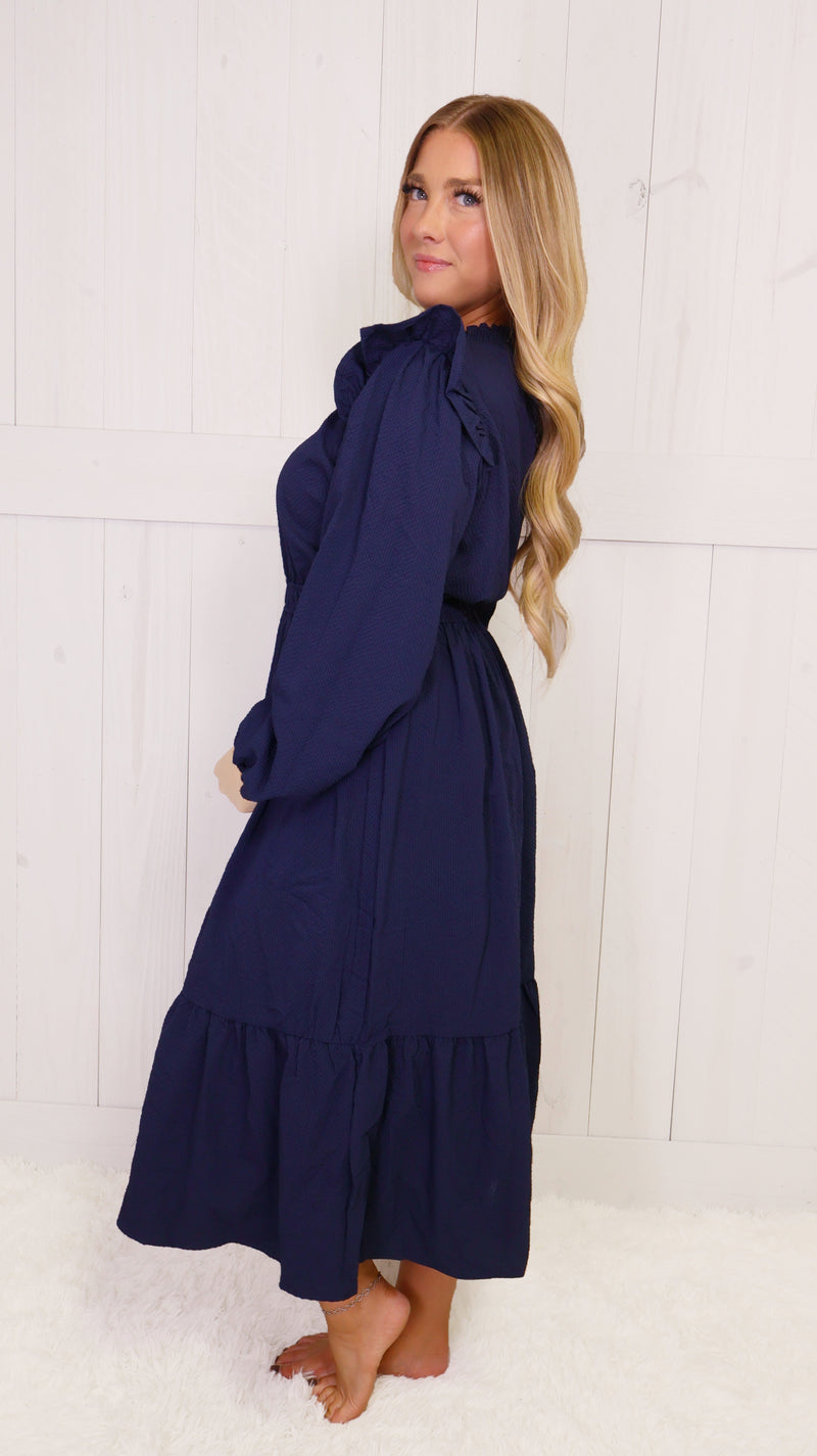 Umgee Navy Smocked Neck Dress
