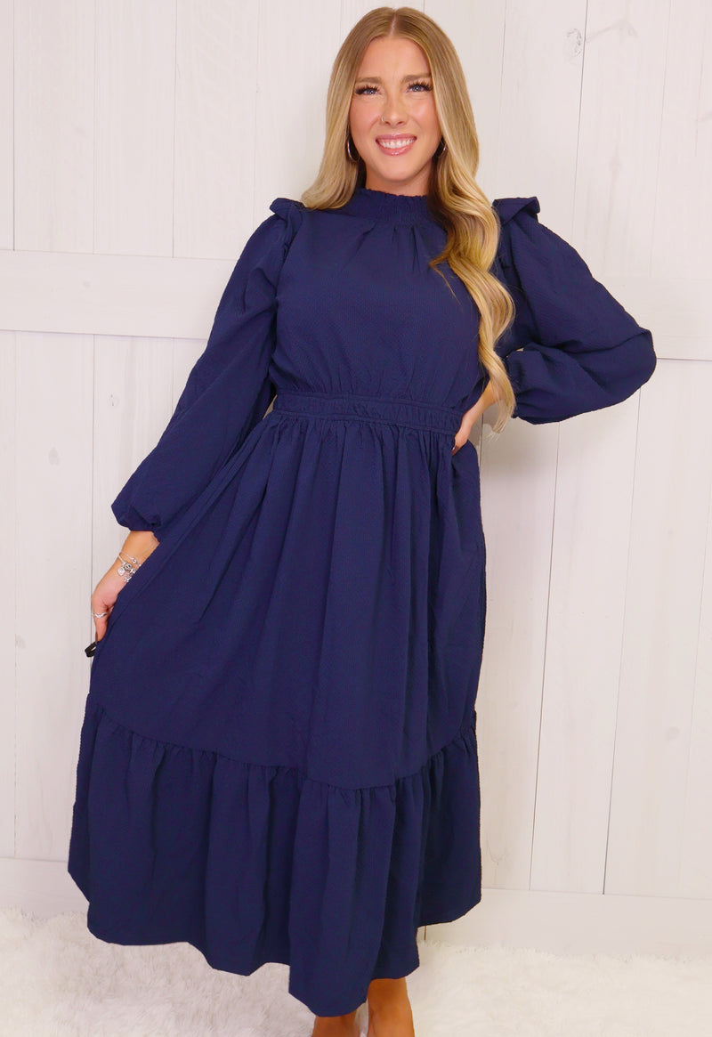 Umgee Navy Smocked Neck Dress