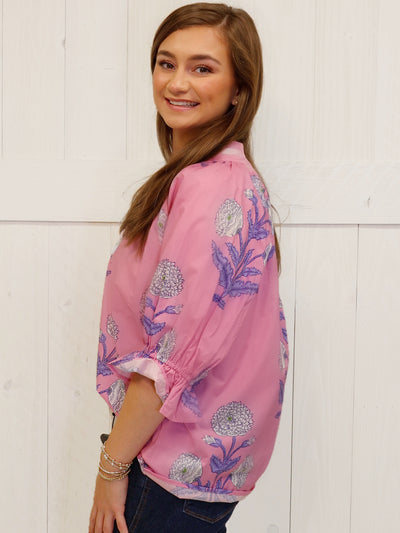 Umgee Pink Split neck floral top