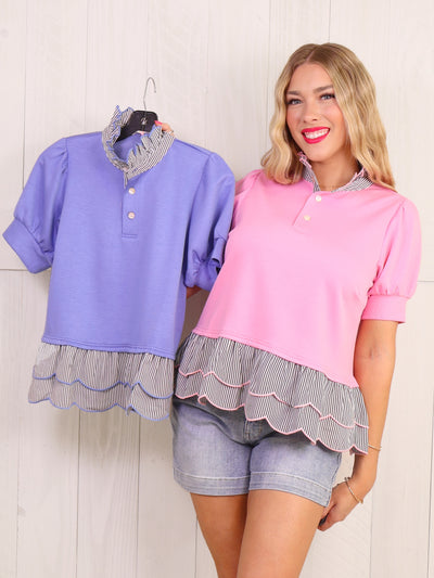 Umgee Scalloped Pinstripe Polo Blouse Top