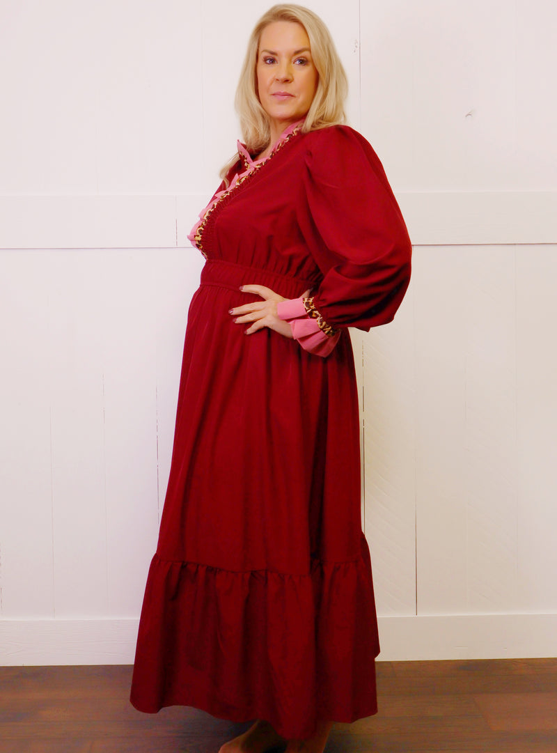 Umgee Wine Cheetah Trim Dress