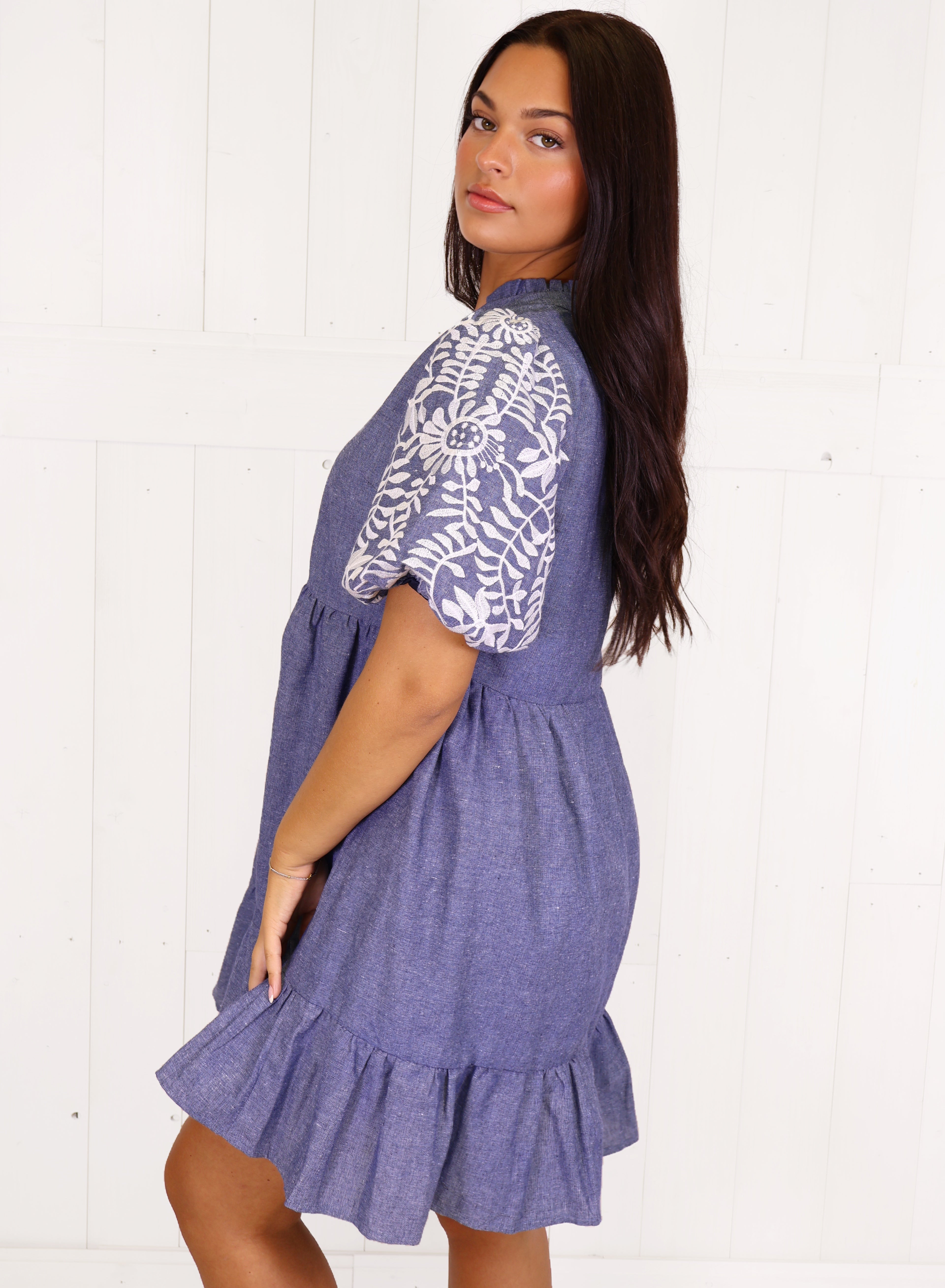 VOY Denim Embroidered Sleeve dress FW Women's