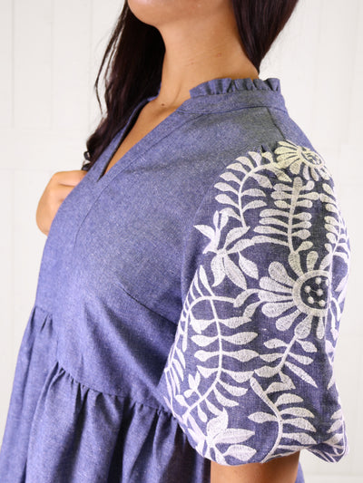 VOY Denim Embroidered Sleeve dress