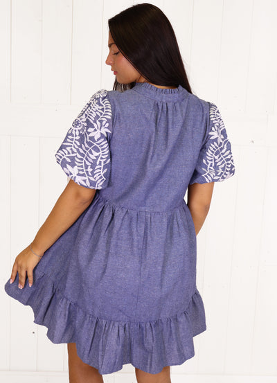 VOY Denim Embroidered Sleeve dress
