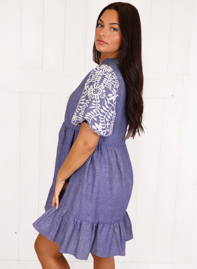 VOY Denim Embroidered Sleeve dress