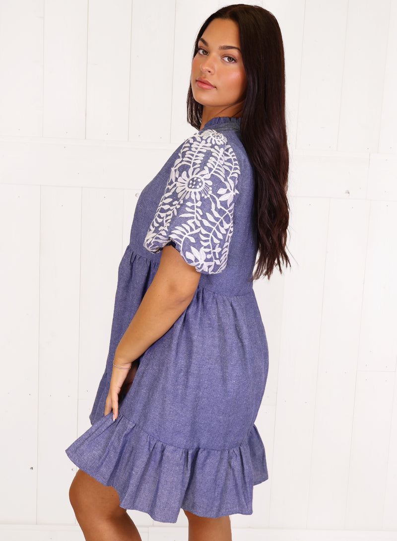 VOY Denim Embroidered Sleeve dress