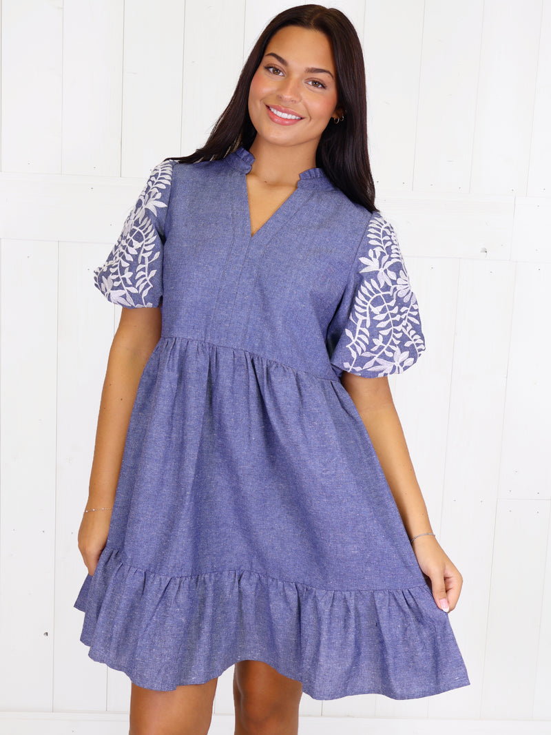 VOY Denim Embroidered Sleeve dress