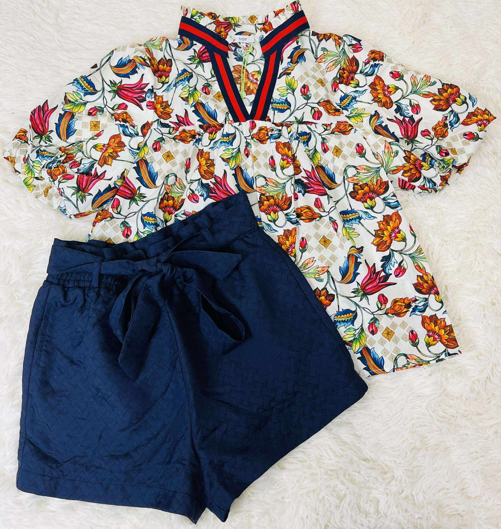 Voy Navy Print Bow Tie Shorts