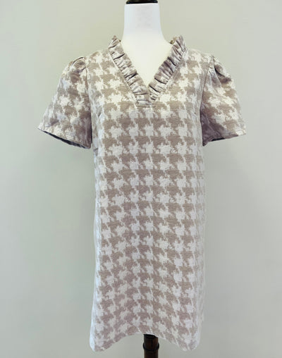 Voy Taupe Houndstooth Print Dress