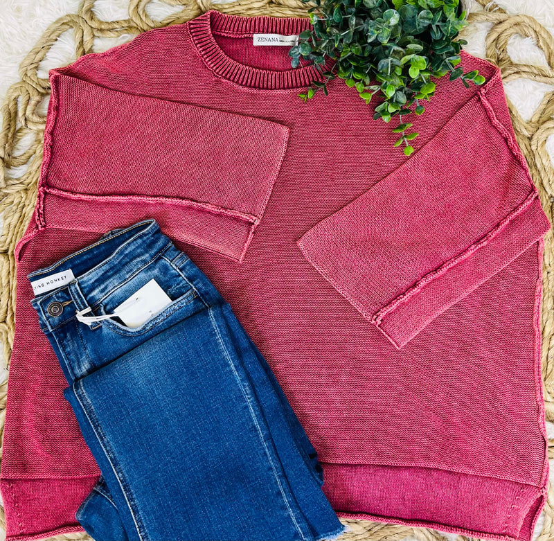 Wine Red Washed 3/4 Sleeve Boxy Sweater