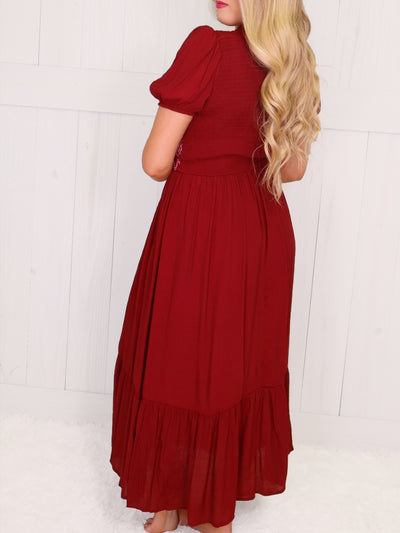 Wine Smocked Contrast Stitch Dress