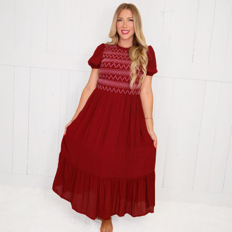 Wine Smocked Contrast Stitch Dress