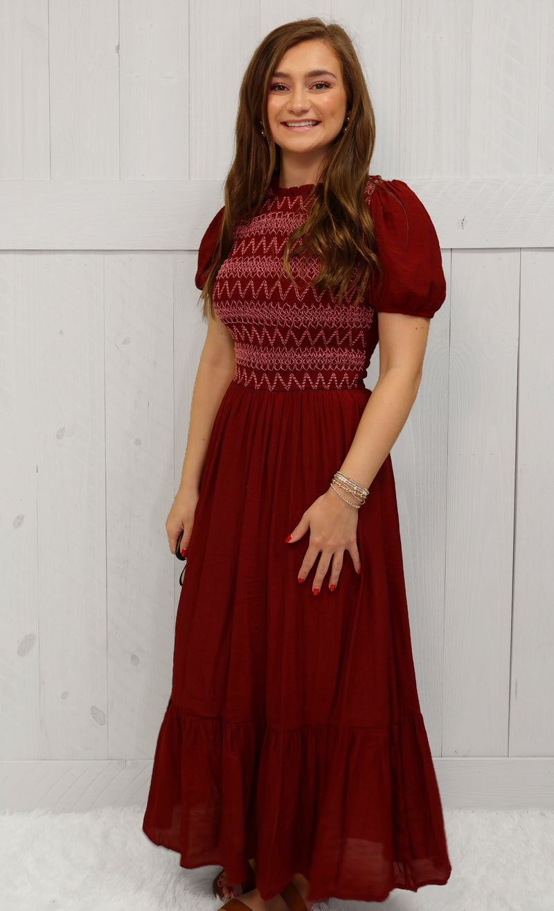 Wine Smocked Contrast Stitch Dress