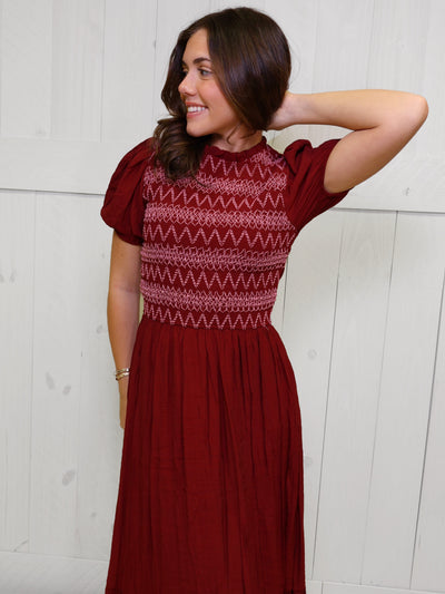 Wine Smocked Contrast Stitch Dress
