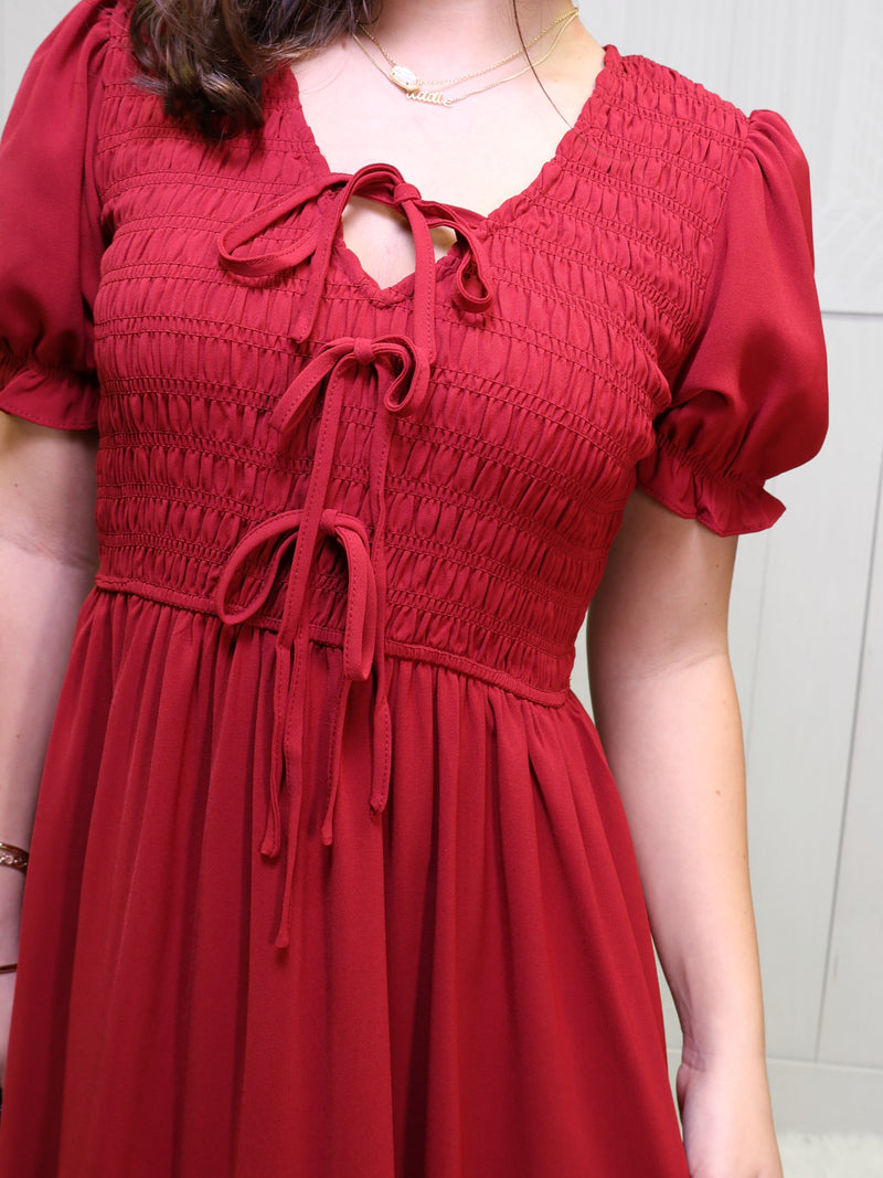 Wine Smocked Tie MIDI Dress