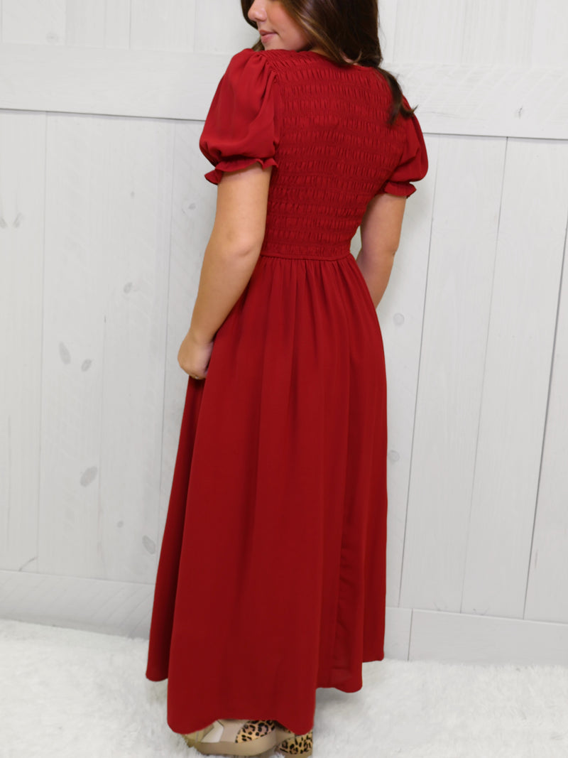 Wine Smocked Tie MIDI Dress