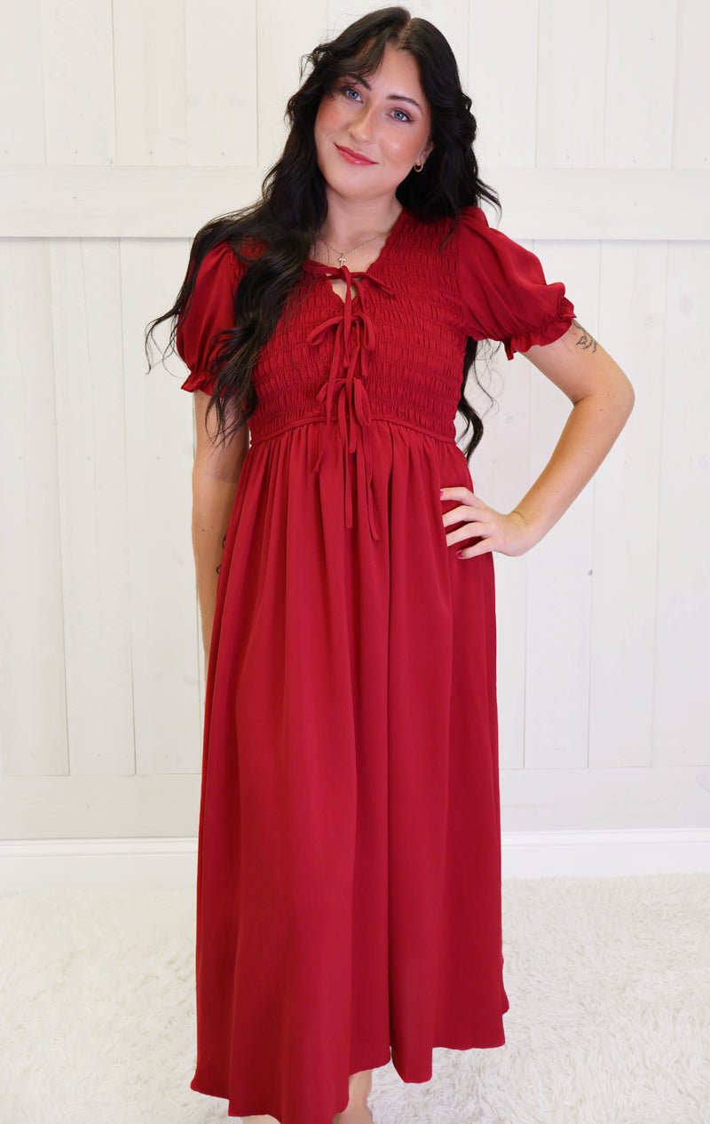 Wine Smocked Tie MIDI Dress