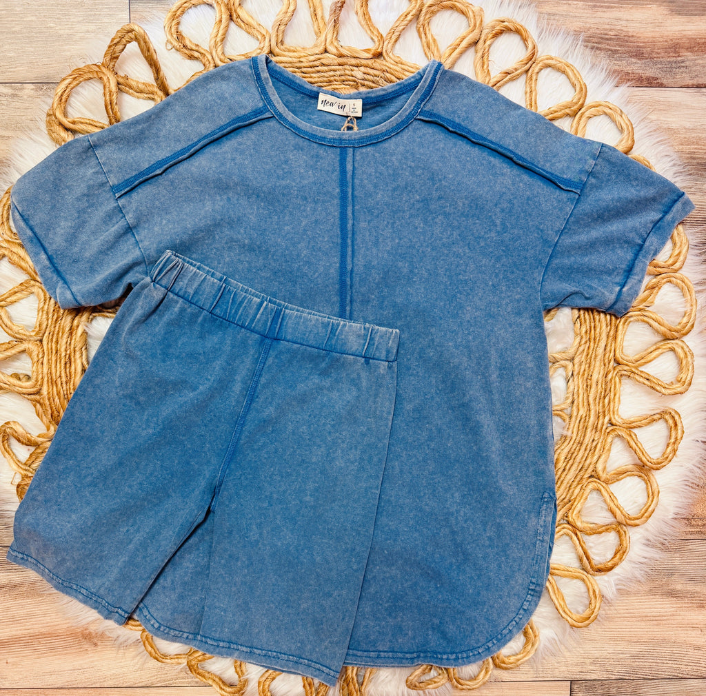 Women’s Acid Wash Oversized Biker Short Set in Blue