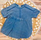 Women’s Acid Wash Oversized Biker Short Set in Blue