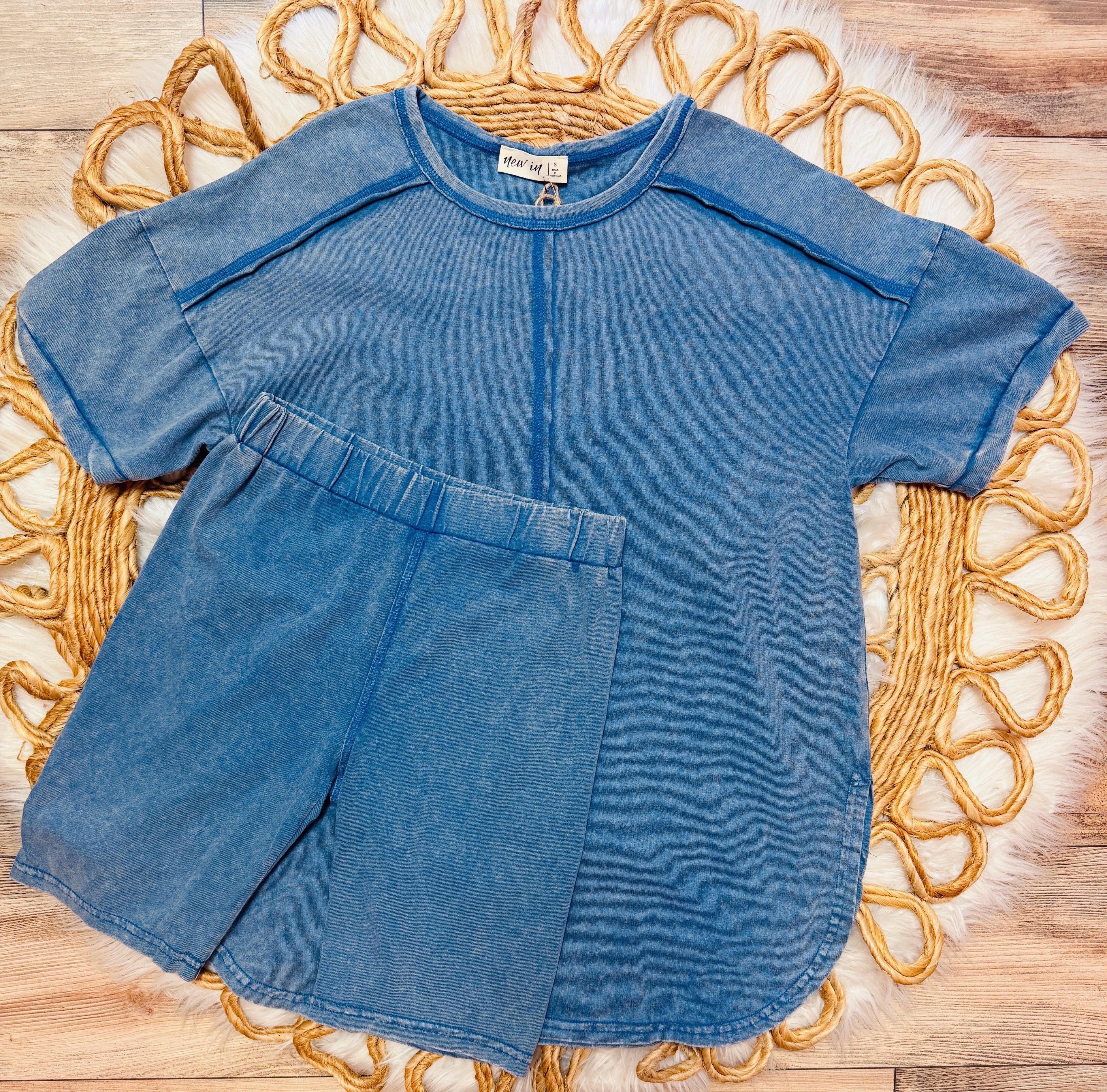 Women’s Acid Wash Oversized Biker Short Set in Blue