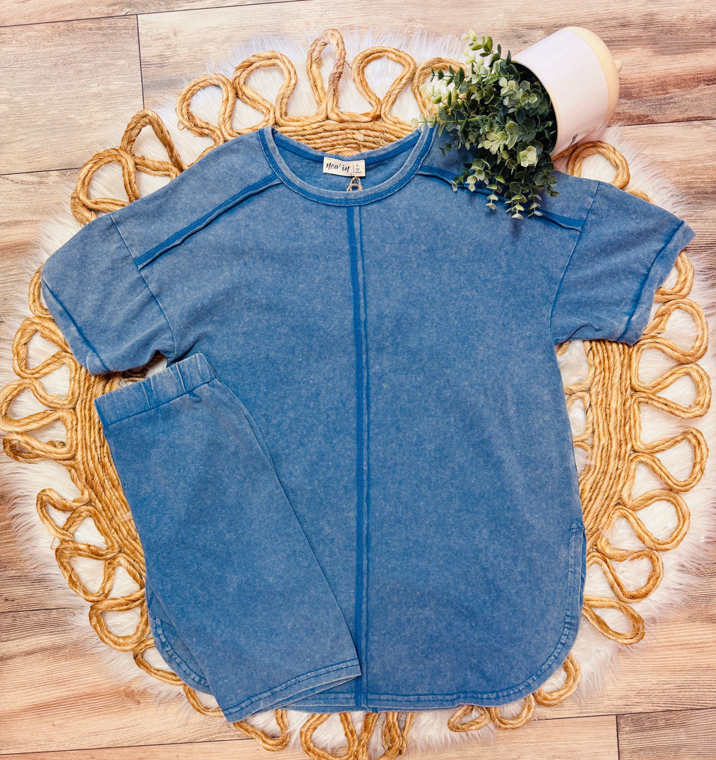 Women’s Acid Wash Oversized Biker Short Set in Blue
