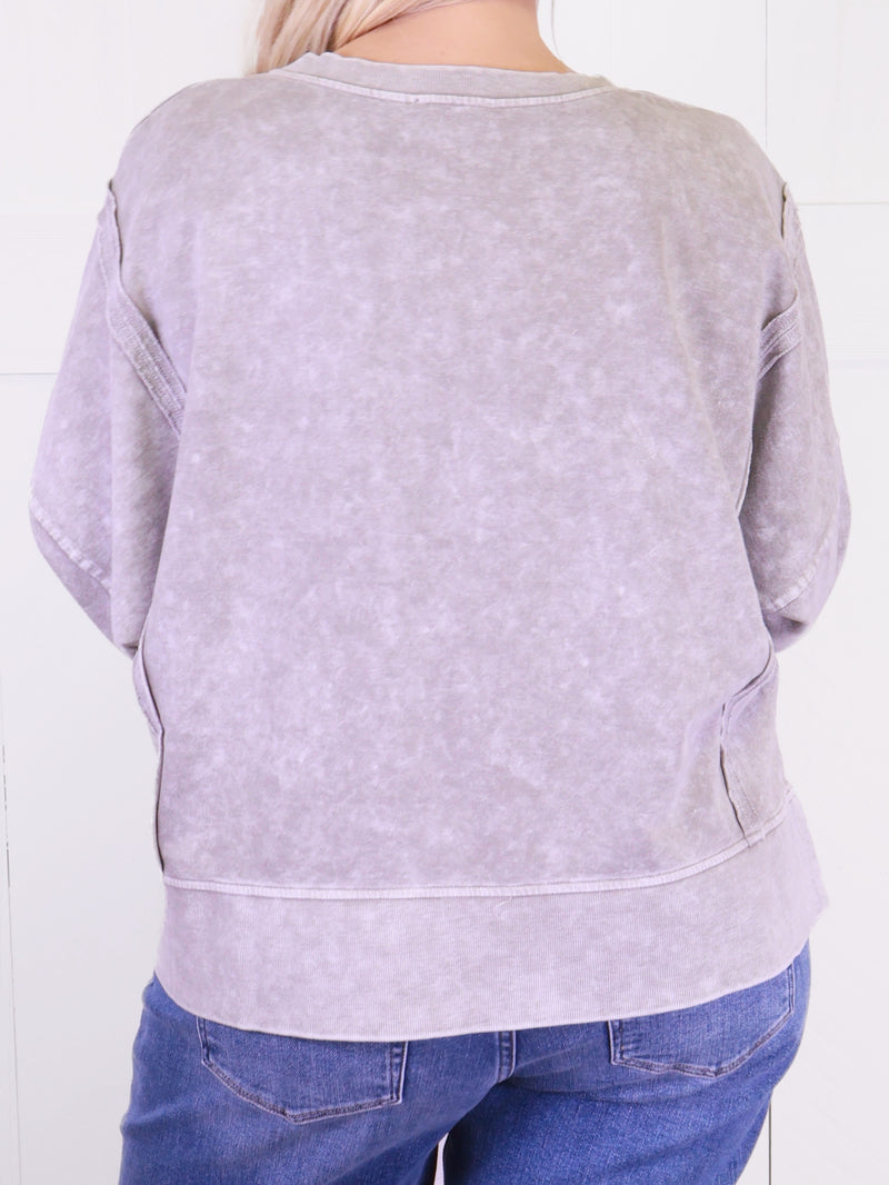Women’s Basic Acid Washed Drop Shoulder Grey Top